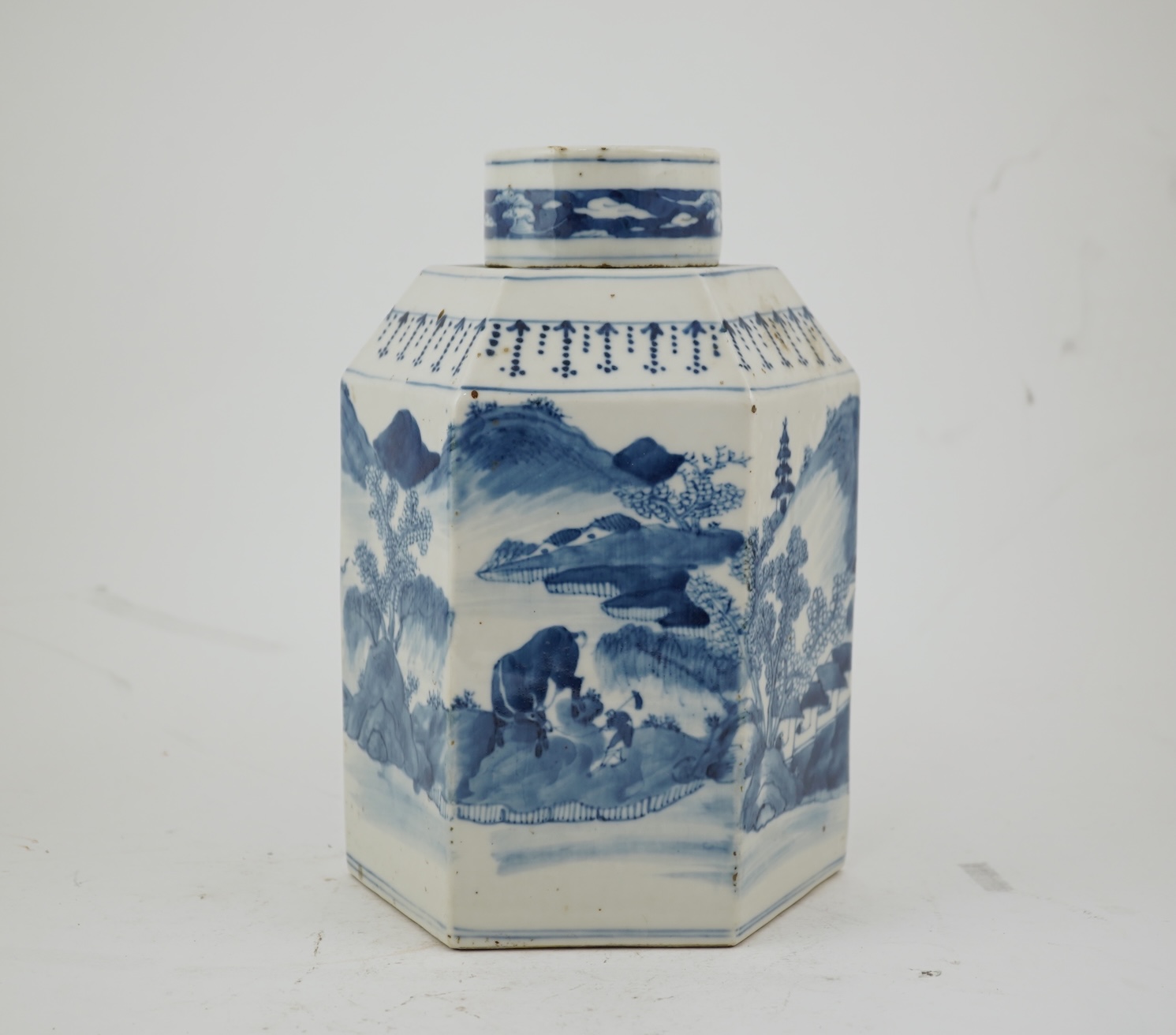 A Chinese blue and white ‘landscape’ hexagonal jar and cover, late 19th century
